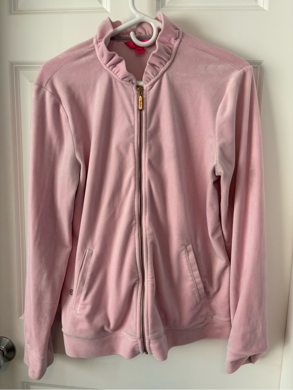 Lilly Pulitzer Jayla Light Pink Velour Zip-Up Jacket with Ruffle Collar Sz Large